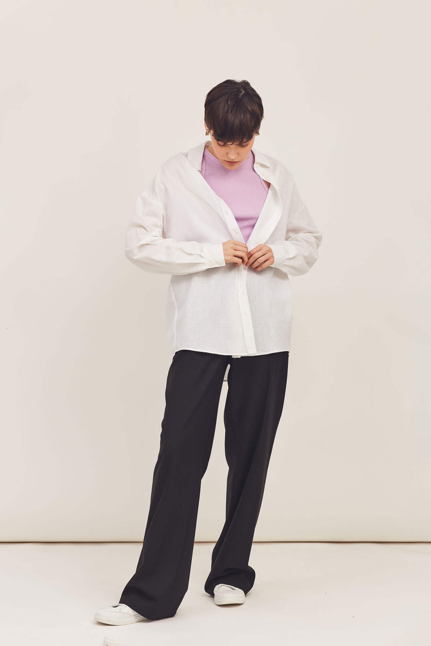 LOOSE-FIT WHITE COTTON SHIRT WITH LINEN