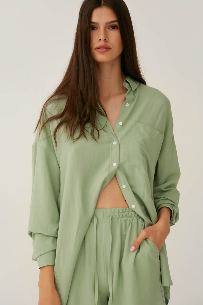 SALVIA GREEN LOOSE-FIT SHIRT WITH LINEN