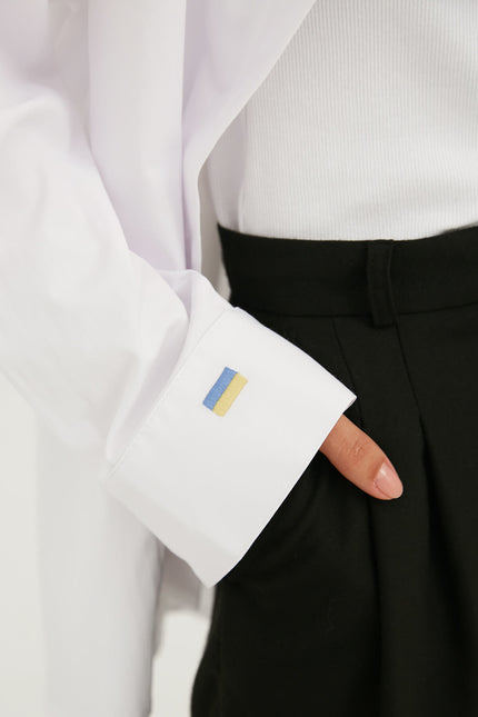 WHITE LOOSE-FIT COTTON SHIRT WITH UKRAINIAN FLAG EMBROIDERY