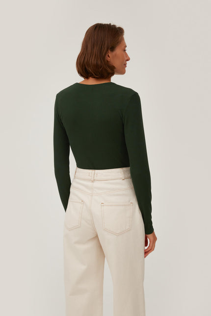 GREEN RIBBED JERSEY JUMPER WITH A STRIPE