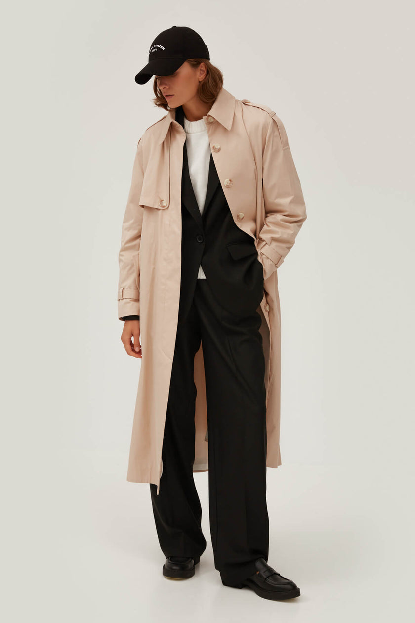 LIGHT BEIGE STRAIGHT CUT COTTON TRENCH COAT