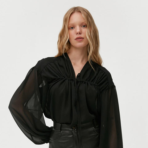 BLACK DRAPED SATIN DRESS