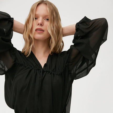 BLACK DRAPED SATIN DRESS
