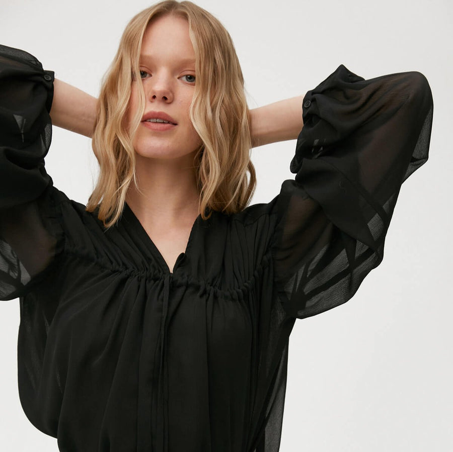 BLACK DRAPED SATIN DRESS