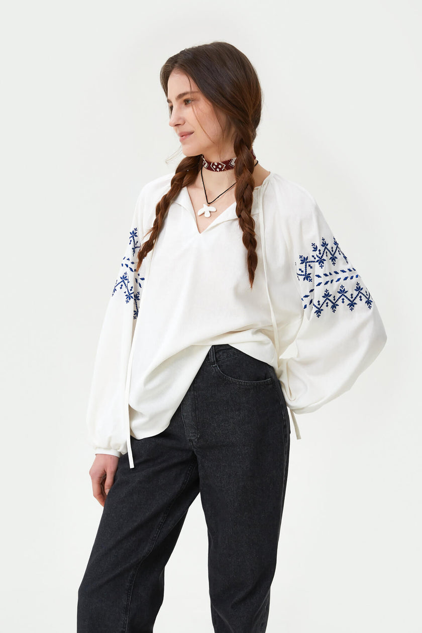 MILKY LINEN VYSHYVANKA SHIRT WITH ZIGZAGS EMBROIDERY