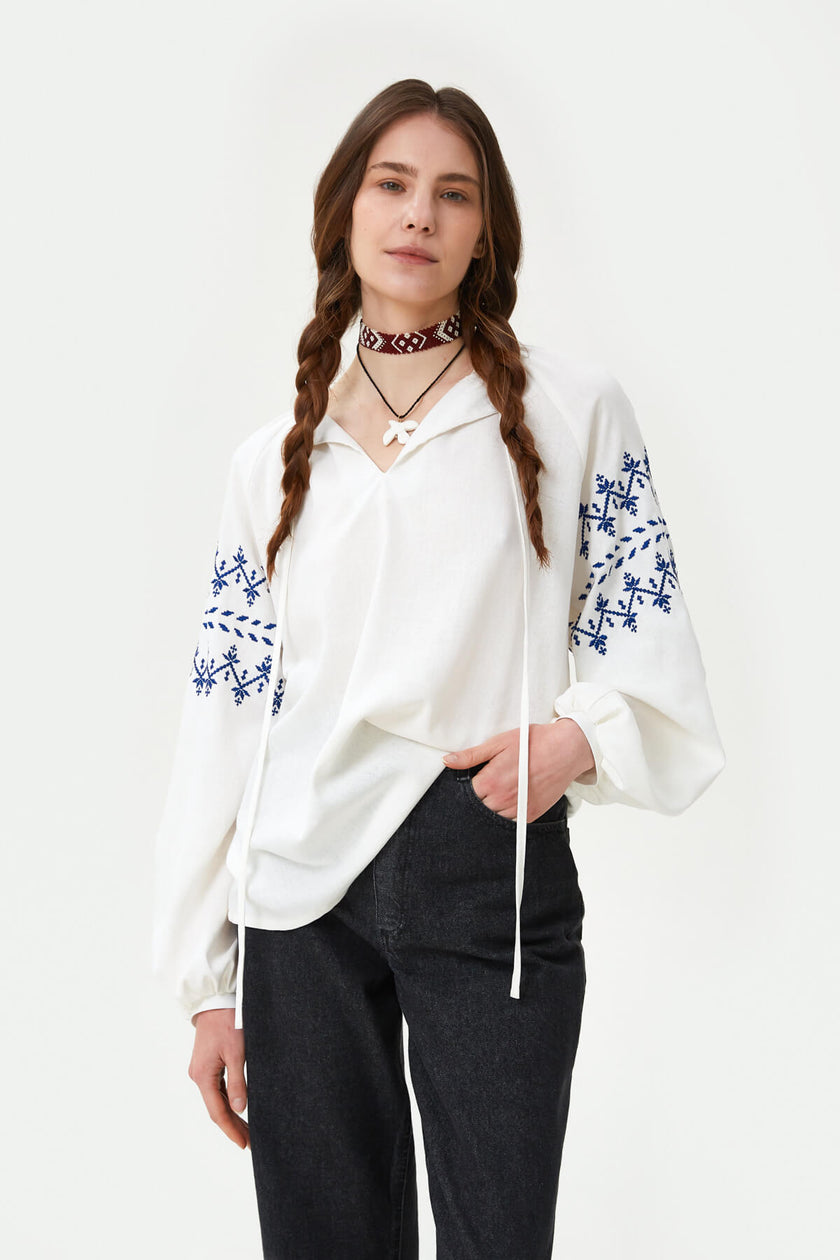 MILKY LINEN VYSHYVANKA SHIRT WITH ZIGZAGS EMBROIDERY