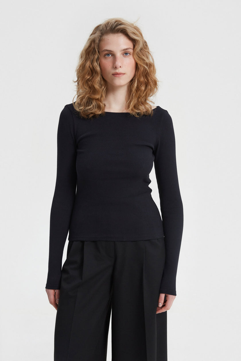BLACK JERSEY JUMPER WITH FIGURED NECK