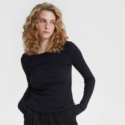 BLACK JERSEY JUMPER WITH FIGURED NECK