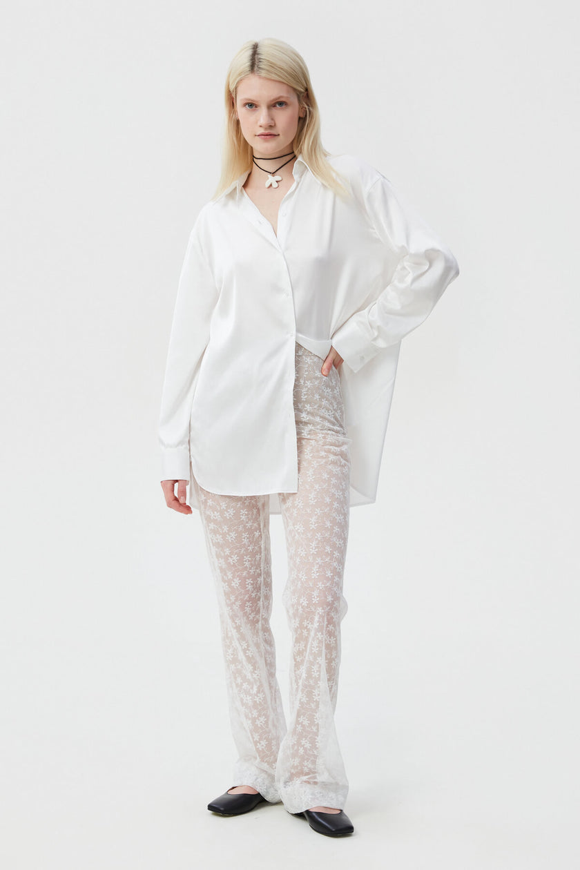 MILKY LOOSE-FIT ELONGATED SATIN SHIRT