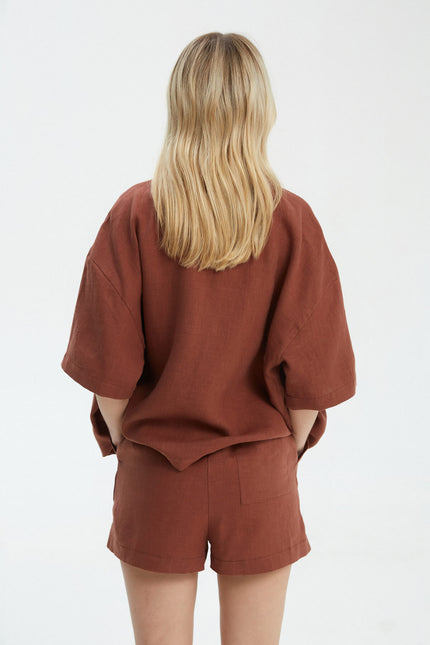 CHOCOLATE LINEN SHIRT WITH ELBOW LENGTH SLEEVES