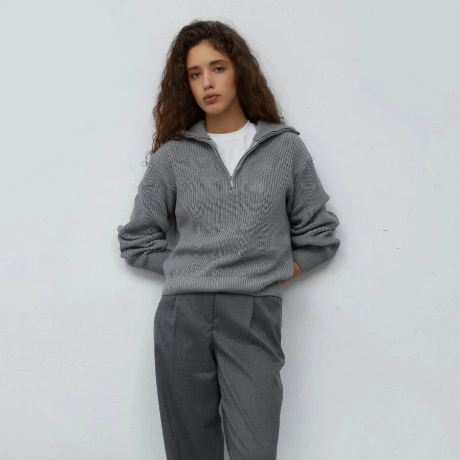 Gray knitted zip sweater with cotton