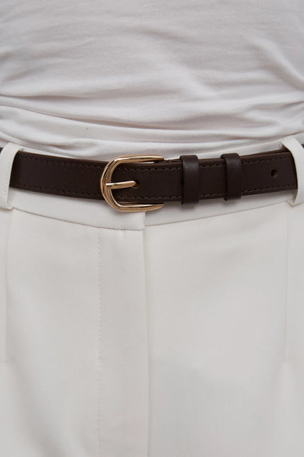 Brown leather belt with gold buckle