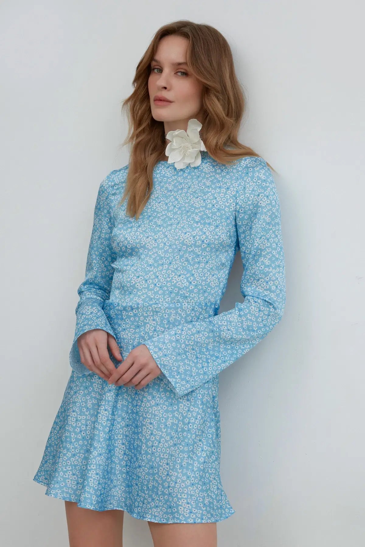SHORT BLUE SATIN DRESS