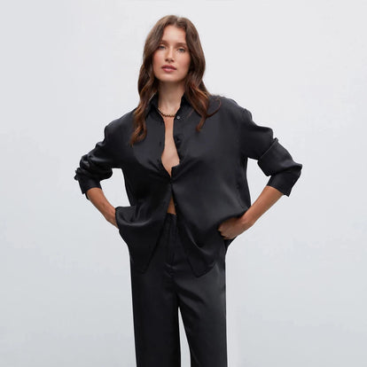 Black satin trousers with pleats