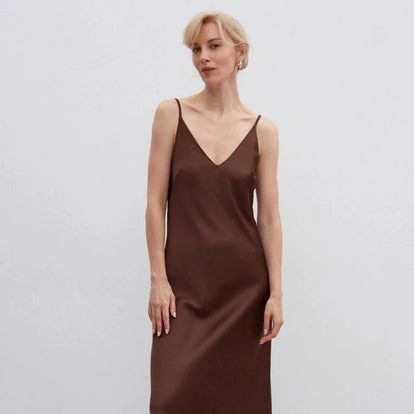 Chocolate satin midi slip dress