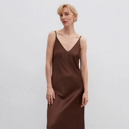 Chocolate satin midi slip dress