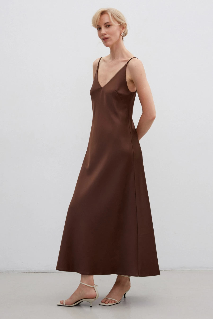 Chocolate satin midi slip dress