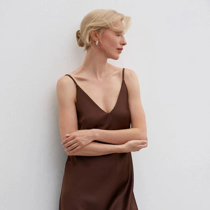 Chocolate satin midi slip dress