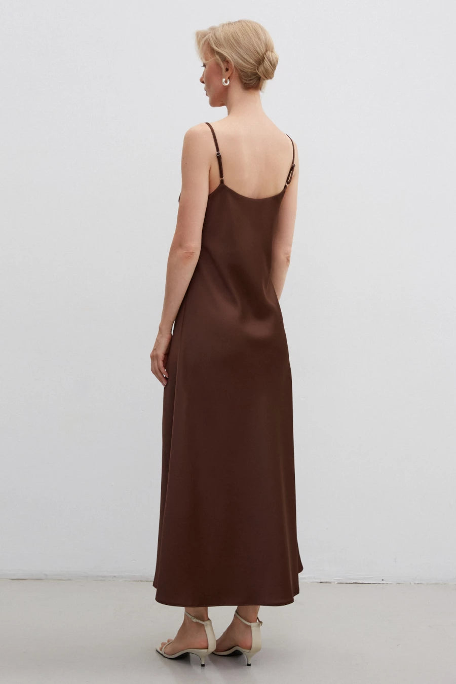 Chocolate satin midi slip dress