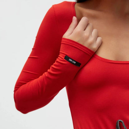 Red knit bodysuit with a round neckline