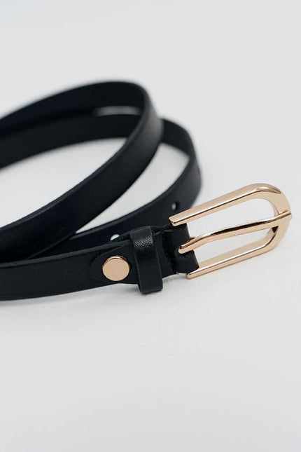 Black leather belt with a semicircular gold buckle