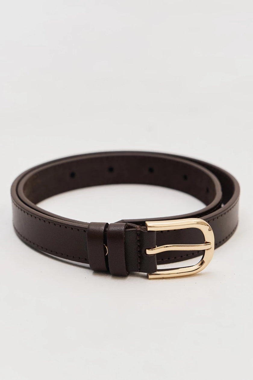 Brown leather belt with gold buckle